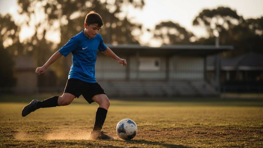 A thrilling, action-packed moment of a young athlete mid-air, scoring a goal during a soccer match in The Basin, perfectly illustrating capturing junior sports passion The Basin with dramatic lighting and professional colour grading.