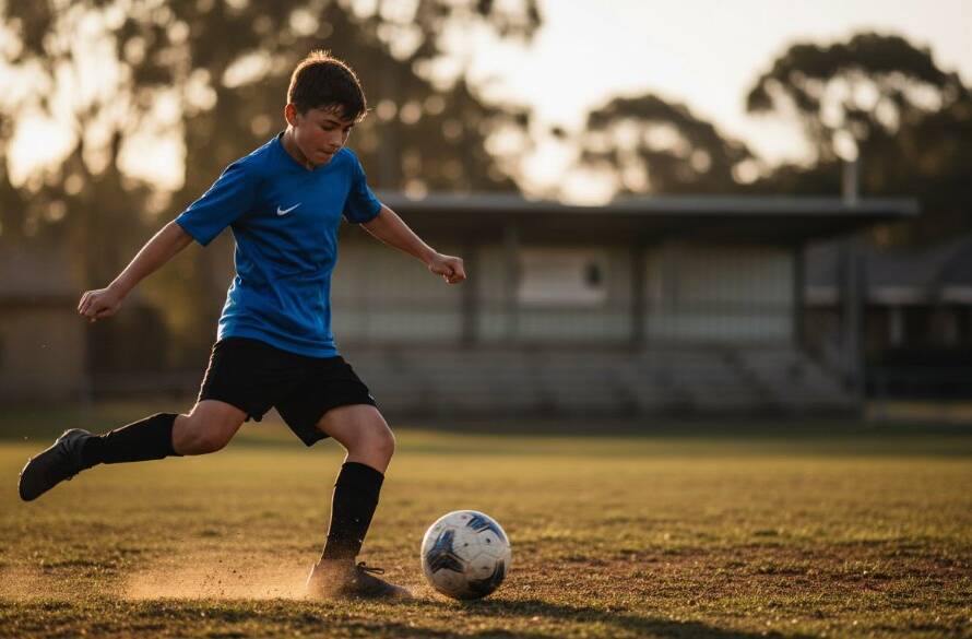A thrilling, action-packed moment of a young athlete mid-air, scoring a goal during a soccer match in The Basin, perfectly illustrating capturing junior sports passion The Basin with dramatic lighting and professional colour grading.