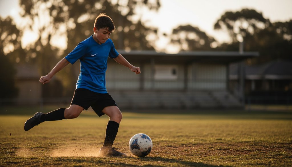 A thrilling, action-packed moment of a young athlete mid-air, scoring a goal during a soccer match in The Basin, perfectly illustrating capturing junior sports passion The Basin with dramatic lighting and professional colour grading.