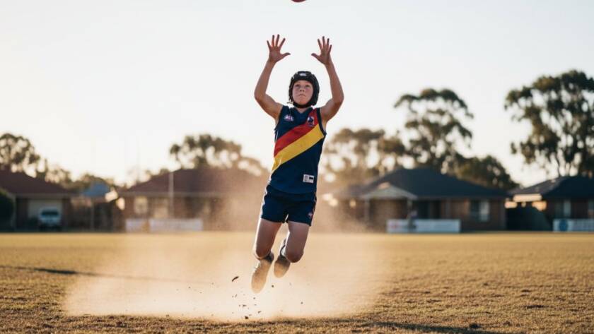 A young soccer player, mid-leap celebrating a goal, captured in dramatic light during a junior sports photography session in Burnside Heights, Victoria, showcasing an epic moment of triumph.