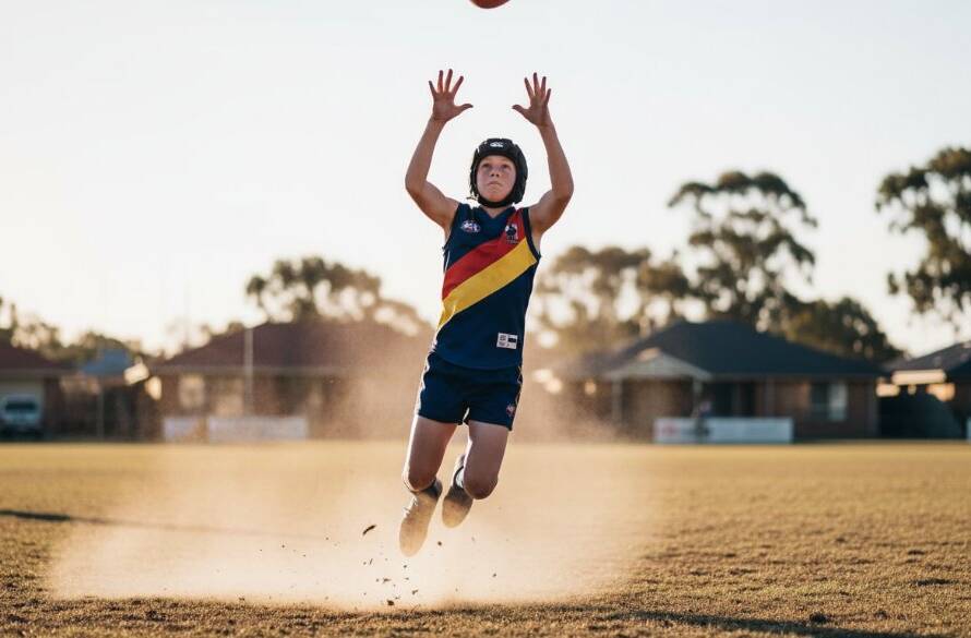 A young soccer player, mid-leap celebrating a goal, captured in dramatic light during a junior sports photography session in Burnside Heights, Victoria, showcasing an epic moment of triumph.