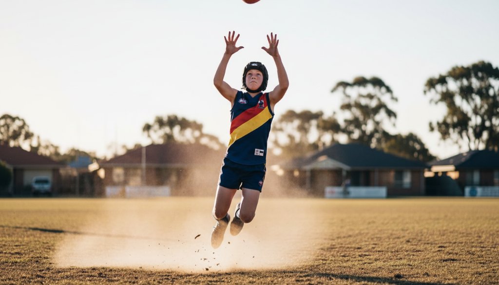 A young soccer player, mid-leap celebrating a goal, captured in dramatic light during a junior sports photography session in Burnside Heights, Victoria, showcasing an epic moment of triumph.
