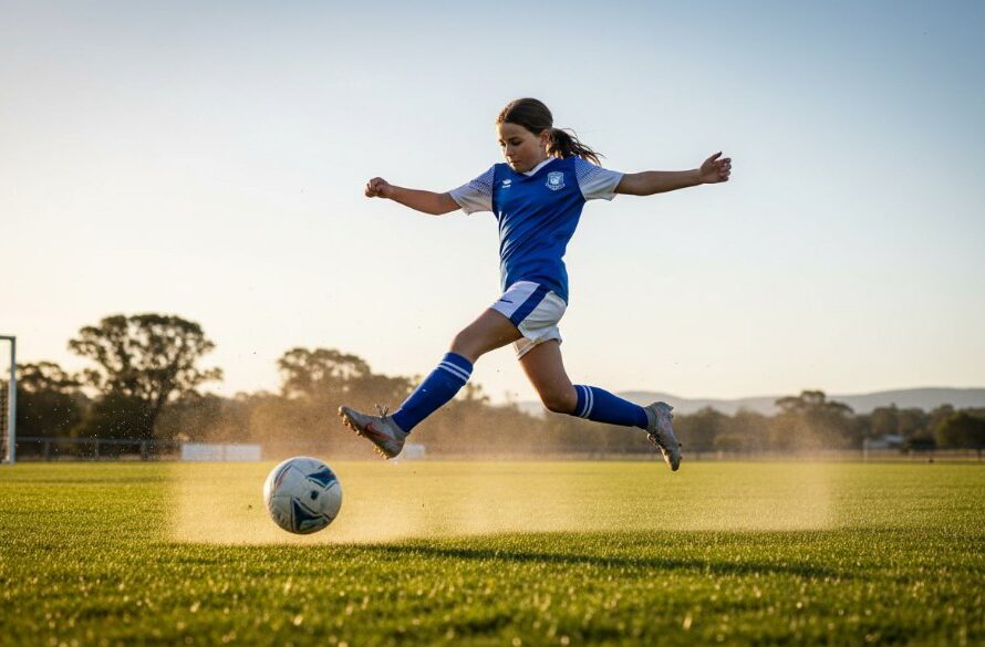 An epic moment in junior sports photography Wangaratta, capturing a young athlete scoring a goal with dynamic action, dramatic lighting, and a cheering crowd in the background, showing peak emotion and skill.