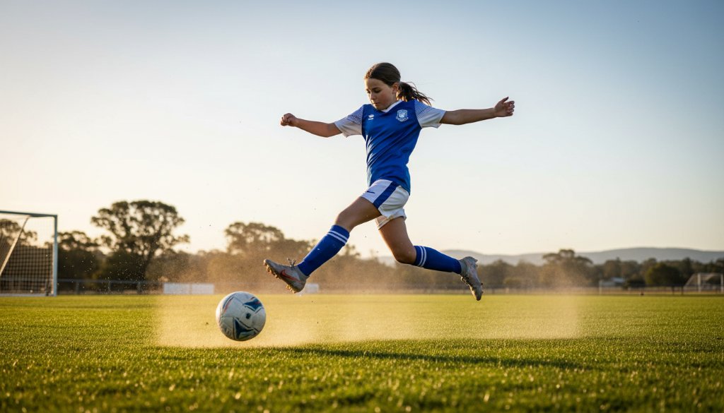 An epic moment in junior sports photography Wangaratta, capturing a young athlete scoring a goal with dynamic action, dramatic lighting, and a cheering crowd in the background, showing peak emotion and skill.