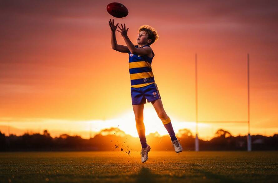 A dramatic, low-angle shot of a young soccer player in mid-air, scoring a goal during a game in Endeavour Hills, showcasing the triumph of capturing junior sports triumphs Endeavour Hills with dynamic lighting and blurred background.