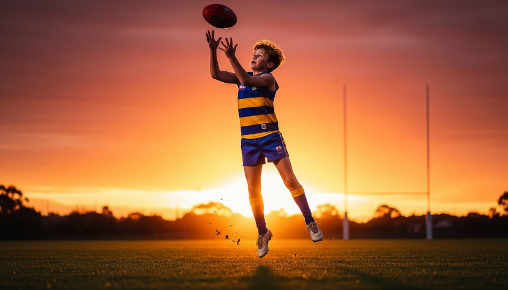 A dramatic, low-angle shot of a young soccer player in mid-air, scoring a goal during a game in Endeavour Hills, showcasing the triumph of capturing junior sports triumphs Endeavour Hills with dynamic lighting and blurred background.