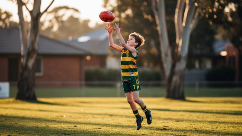 Dynamic wide-angle shot capturing junior sports triumphs Ringwood East, showing a young Aussie Rules footballer mid-air, hands on the ball, with the green oval and trees of Ringwood East in the blurred background, dramatically lit at sunset, depicting an epic moment of victory.