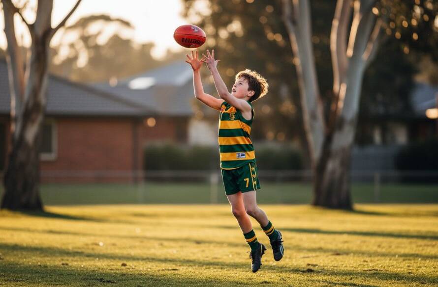 Dynamic wide-angle shot capturing junior sports triumphs Ringwood East, showing a young Aussie Rules footballer mid-air, hands on the ball, with the green oval and trees of Ringwood East in the blurred background, dramatically lit at sunset, depicting an epic moment of victory.