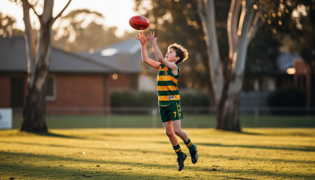 Dynamic wide-angle shot capturing junior sports triumphs Ringwood East, showing a young Aussie Rules footballer mid-air, hands on the ball, with the green oval and trees of Ringwood East in the blurred background, dramatically lit at sunset, depicting an epic moment of victory.