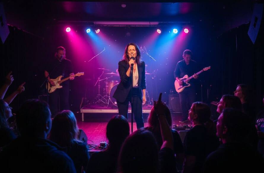 An epic wide-angle shot capturing Kealba live music energy at a vibrant outdoor concert, with a lead guitarist mid-shred under dramatic stage lighting and a cheering crowd in silhouette, showcasing the electrifying atmosphere.