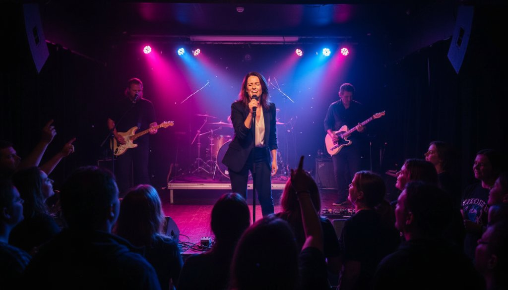 An epic wide-angle shot capturing Kealba live music energy at a vibrant outdoor concert, with a lead guitarist mid-shred under dramatic stage lighting and a cheering crowd in silhouette, showcasing the electrifying atmosphere.