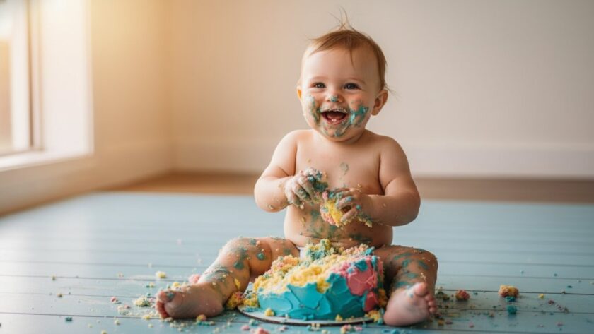 Dramatic close-up of a joyful Kialla baby, eyes wide with delight, hands covered in blue frosting during an epic first birthday cake smash photoshoot, beautifully lit with soft natural light, highlighting the sweet mess and pure happiness, perfectly Capturing Kialla baby's first birthday cake smash memories.