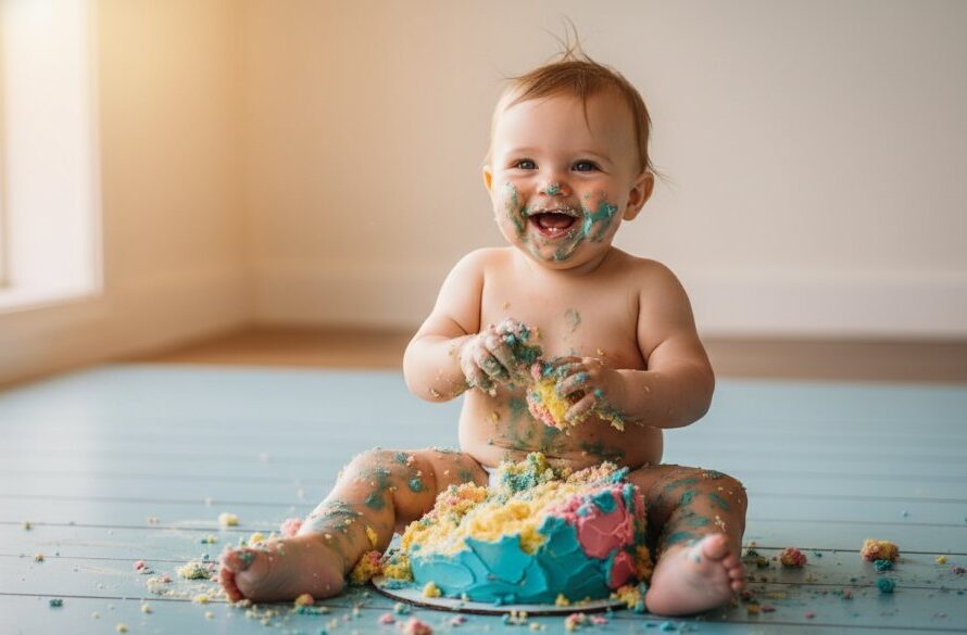 Dramatic close-up of a joyful Kialla baby, eyes wide with delight, hands covered in blue frosting during an epic first birthday cake smash photoshoot, beautifully lit with soft natural light, highlighting the sweet mess and pure happiness, perfectly Capturing Kialla baby's first birthday cake smash memories.