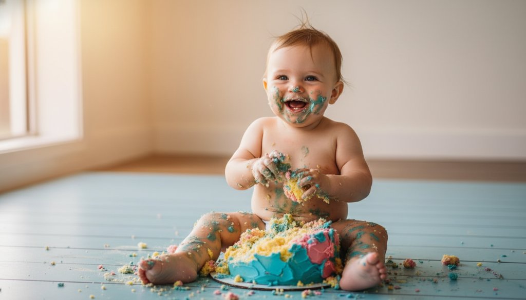 Dramatic close-up of a joyful Kialla baby, eyes wide with delight, hands covered in blue frosting during an epic first birthday cake smash photoshoot, beautifully lit with soft natural light, highlighting the sweet mess and pure happiness, perfectly Capturing Kialla baby's first birthday cake smash memories.