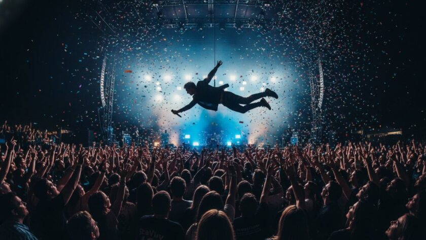 Dramatic wide shot of a band performing on stage at an outdoor music festival in Kialla, Victoria, with a lead guitarist mid-jump, bathed in vibrant stage lights and a cheering crowd in the foreground, perfectly capturing Kialla concert vibes photography.