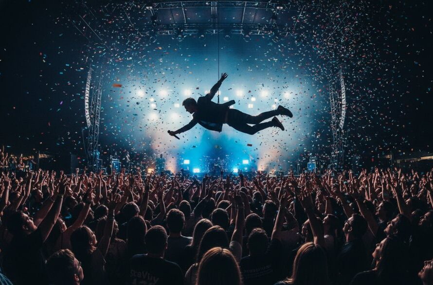 Dramatic wide shot of a band performing on stage at an outdoor music festival in Kialla, Victoria, with a lead guitarist mid-jump, bathed in vibrant stage lights and a cheering crowd in the foreground, perfectly capturing Kialla concert vibes photography.
