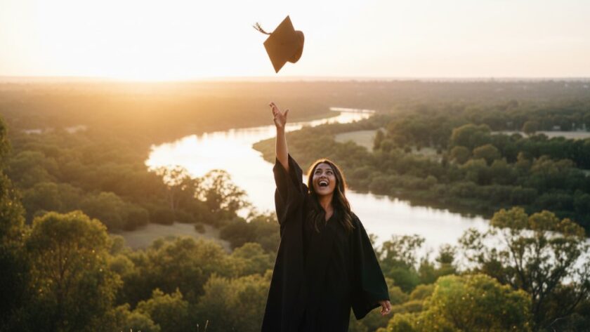 An epic moment of a graduating student in their cap and gown, joyfully tossing their mortarboard against a vibrant Kialla sunset over the Goulburn River, perfectly illustrating Capturing Kialla Graduation Joy Photography.