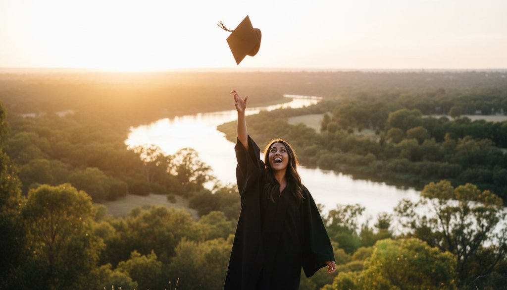 An epic moment of a graduating student in their cap and gown, joyfully tossing their mortarboard against a vibrant Kialla sunset over the Goulburn River, perfectly illustrating Capturing Kialla Graduation Joy Photography.