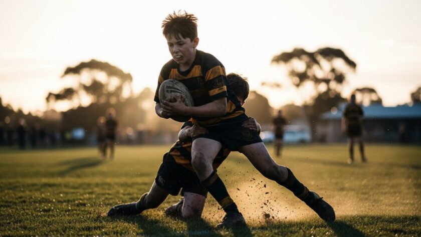 A dramatic, low-angle shot of a young athlete from Kilmore mid-action during a rugby match, with mud flying and intense focus on their face, illustrating the power of capturing Kilmore's dynamic junior sports photography.
