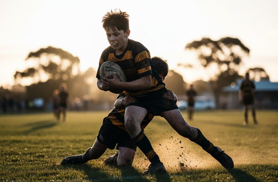 A dramatic, low-angle shot of a young athlete from Kilmore mid-action during a rugby match, with mud flying and intense focus on their face, illustrating the power of capturing Kilmore's dynamic junior sports photography.