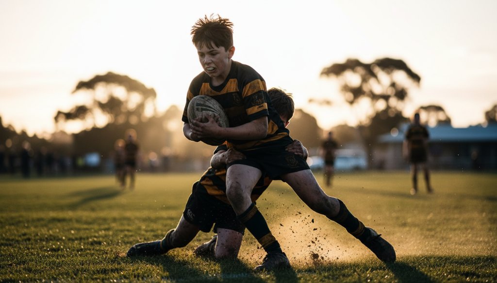 A dramatic, low-angle shot of a young athlete from Kilmore mid-action during a rugby match, with mud flying and intense focus on their face, illustrating the power of capturing Kilmore's dynamic junior sports photography.