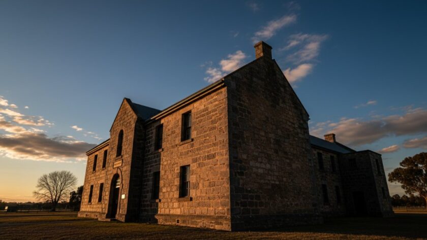 An epic, cinematic wide-angle shot dramatically lit by golden hour light, showcasing the detailed facade of the bluestone Kilmore Gaol, emphasizing the rugged textures and historic grandeur, perfect for Capturing Kilmore's historic architecture Victoria.