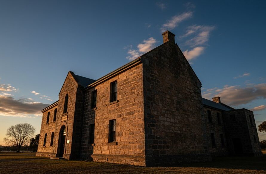 An epic, cinematic wide-angle shot dramatically lit by golden hour light, showcasing the detailed facade of the bluestone Kilmore Gaol, emphasizing the rugged textures and historic grandeur, perfect for Capturing Kilmore's historic architecture Victoria.