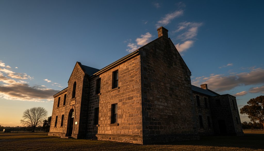 An epic, cinematic wide-angle shot dramatically lit by golden hour light, showcasing the detailed facade of the bluestone Kilmore Gaol, emphasizing the rugged textures and historic grandeur, perfect for Capturing Kilmore's historic architecture Victoria.