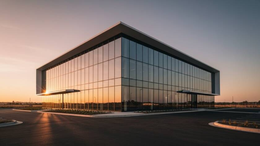 Dramatic wide-angle shot Capturing Knoxfield's Modern Architectural Splendour at dusk, showcasing a sleek, illuminated commercial building with reflective glass facades against a vibrant sunset sky, professional photography.