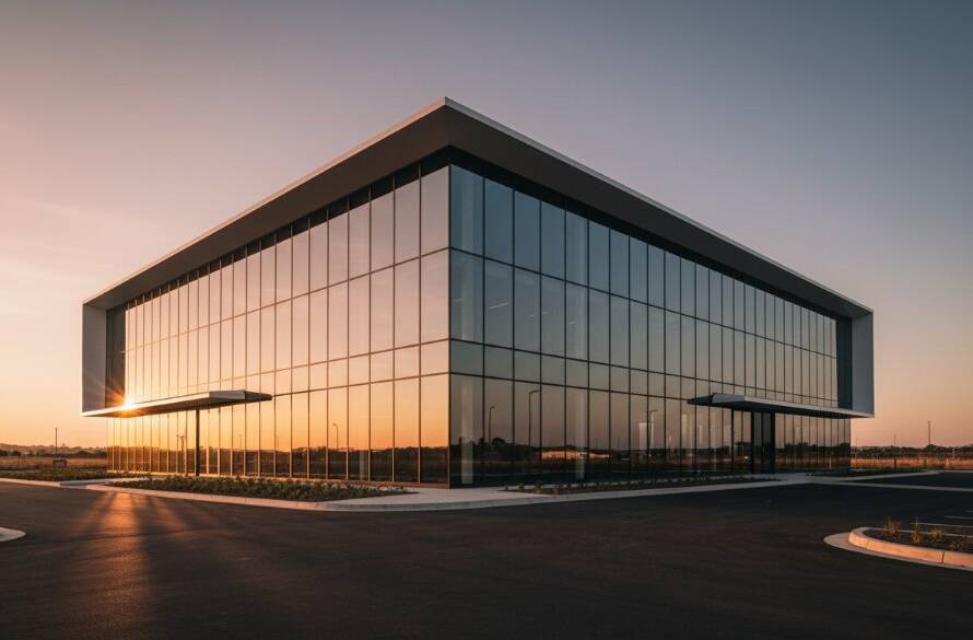 Dramatic wide-angle shot Capturing Knoxfield's Modern Architectural Splendour at dusk, showcasing a sleek, illuminated commercial building with reflective glass facades against a vibrant sunset sky, professional photography.