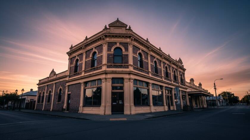 A dramatic, wide-angle shot Capturing Koo Wee Rup's Heritage Architecture, specifically an iconic early 20th-century building, bathed in the warm glow of a golden hour sunset, with long shadows emphasizing its unique period details and grand facade, professional cinematic lighting.