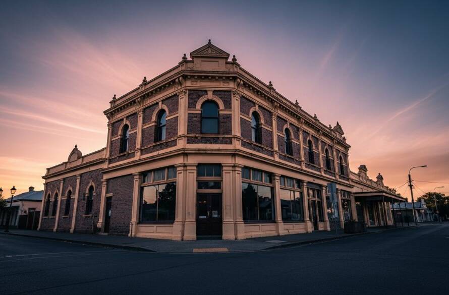 A dramatic, wide-angle shot Capturing Koo Wee Rup's Heritage Architecture, specifically an iconic early 20th-century building, bathed in the warm glow of a golden hour sunset, with long shadows emphasizing its unique period details and grand facade, professional cinematic lighting.