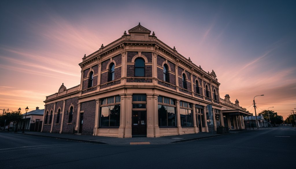 A dramatic, wide-angle shot Capturing Koo Wee Rup's Heritage Architecture, specifically an iconic early 20th-century building, bathed in the warm glow of a golden hour sunset, with long shadows emphasizing its unique period details and grand facade, professional cinematic lighting.