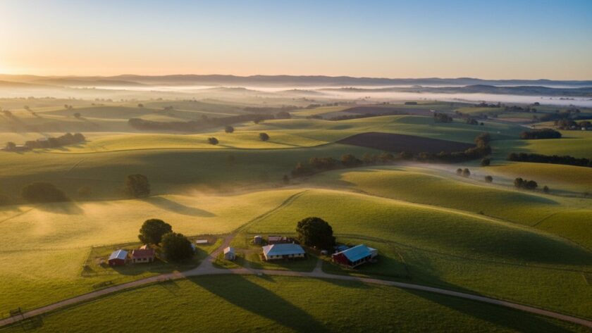A stunning aerial view of the rolling green hills and patchwork farms surrounding Korumburra, Victoria, at sunrise, beautifully illustrating the art of capturing Korumburra's scenic beauty with drone photography. Golden light bathes the landscape, with the misty Strzelecki Ranges in the background, conveying a sense of serene grandeur.