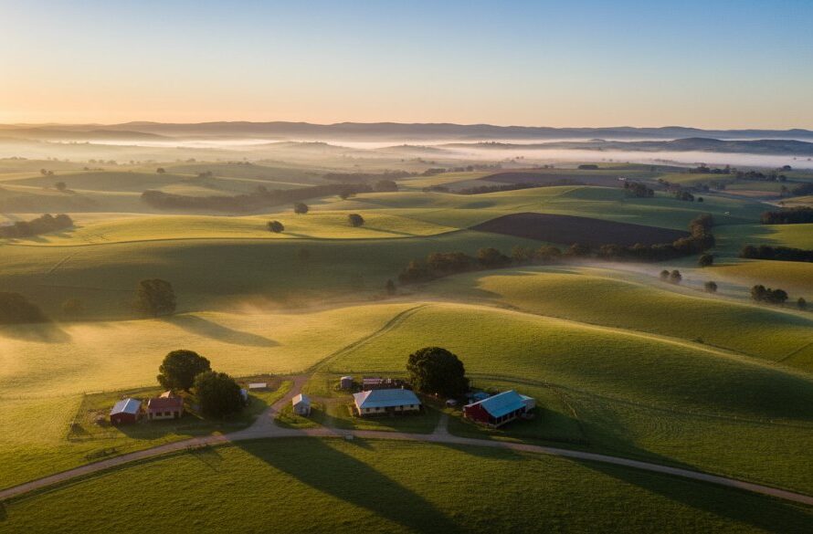A stunning aerial view of the rolling green hills and patchwork farms surrounding Korumburra, Victoria, at sunrise, beautifully illustrating the art of capturing Korumburra's scenic beauty with drone photography. Golden light bathes the landscape, with the misty Strzelecki Ranges in the background, conveying a sense of serene grandeur.