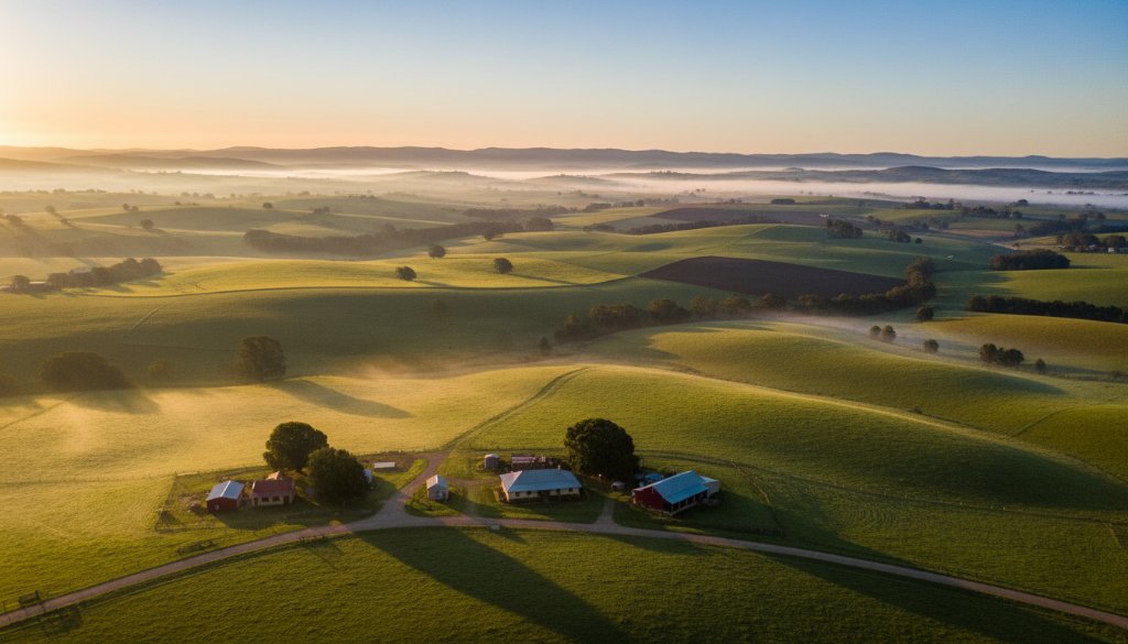 A stunning aerial view of the rolling green hills and patchwork farms surrounding Korumburra, Victoria, at sunrise, beautifully illustrating the art of capturing Korumburra's scenic beauty with drone photography. Golden light bathes the landscape, with the misty Strzelecki Ranges in the background, conveying a sense of serene grandeur.