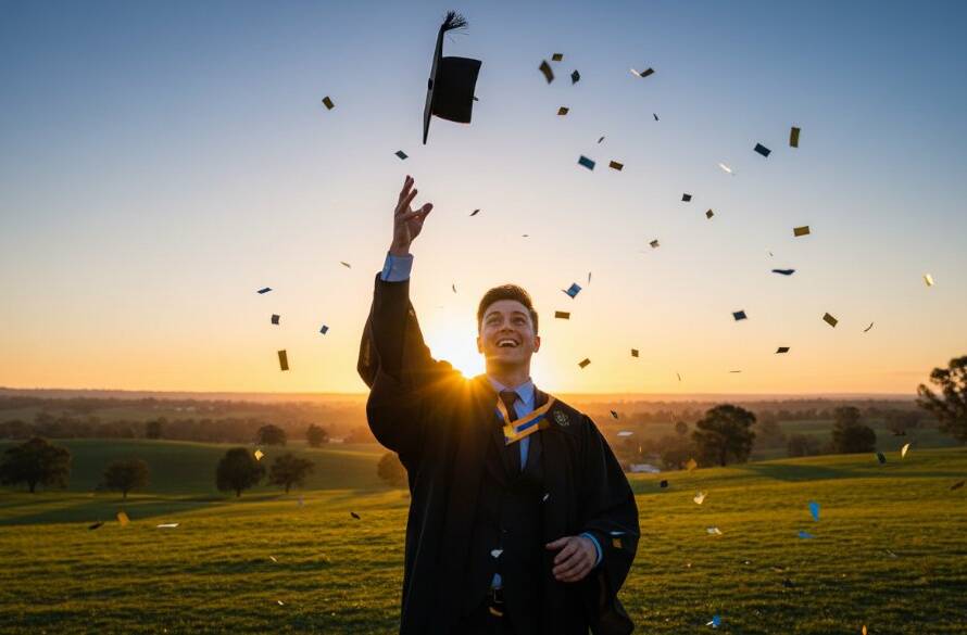 A vibrant, professionally colour-graded photograph 'Capturing Kurunjang graduation joy with professional photography' of a beaming graduate in cap and gown, proudly holding their degree high against a sun-drenched Kurunjang backdrop, surrounded by cheering family members, with dramatic backlighting creating a halo effect.