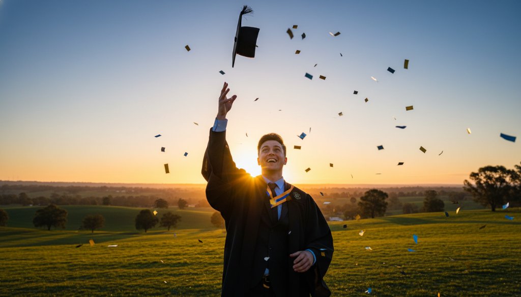 A vibrant, professionally colour-graded photograph 'Capturing Kurunjang graduation joy with professional photography' of a beaming graduate in cap and gown, proudly holding their degree high against a sun-drenched Kurunjang backdrop, surrounded by cheering family members, with dramatic backlighting creating a halo effect.