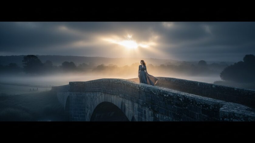 A dramatic fine art photograph capturing Kyneton's artistic soul through fine art photography, depicting a solitary figure silhouetted against a moody Kyneton streetscape at twilight, with subtle architectural details, mist rising from the Campaspe River, and a profound sense of introspection and timeless beauty.