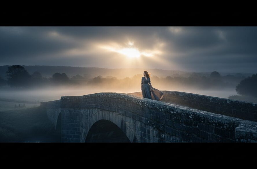 A dramatic fine art photograph capturing Kyneton's artistic soul through fine art photography, depicting a solitary figure silhouetted against a moody Kyneton streetscape at twilight, with subtle architectural details, mist rising from the Campaspe River, and a profound sense of introspection and timeless beauty.