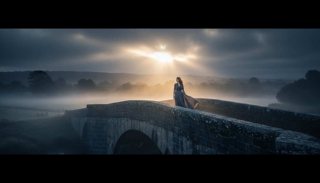 A dramatic fine art photograph capturing Kyneton's artistic soul through fine art photography, depicting a solitary figure silhouetted against a moody Kyneton streetscape at twilight, with subtle architectural details, mist rising from the Campaspe River, and a profound sense of introspection and timeless beauty.