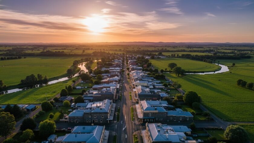 A dramatic wide-angle drone shot at sunset, capturing Kyneton's historic bluestone buildings nestled amidst golden fields and rolling hills, with the Campaspe River winding through, bathed in a warm, cinematic glow. Capturing Kyneton's Historic Beauty Drone Photography.