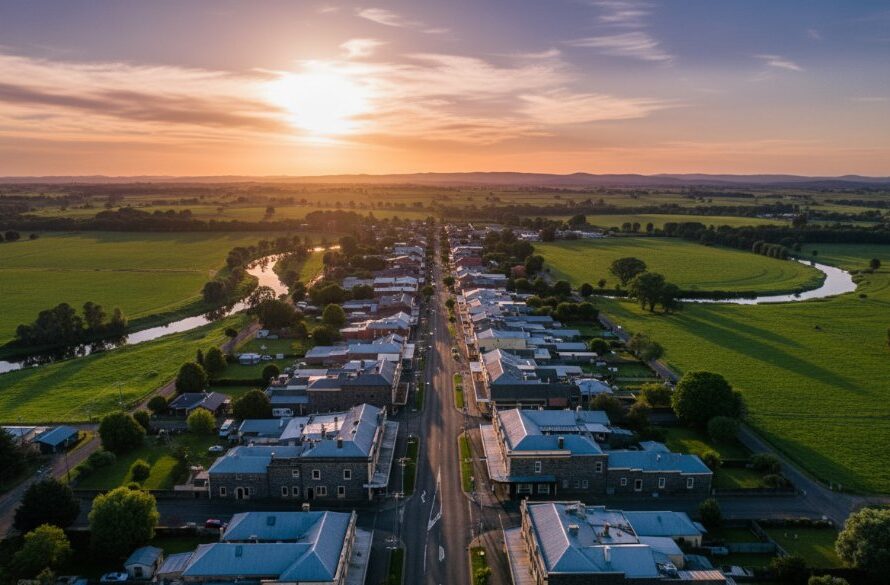 A dramatic wide-angle drone shot at sunset, capturing Kyneton's historic bluestone buildings nestled amidst golden fields and rolling hills, with the Campaspe River winding through, bathed in a warm, cinematic glow. Capturing Kyneton's Historic Beauty Drone Photography.