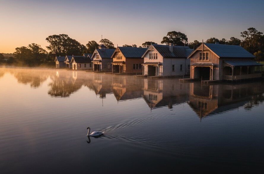 Dramatic twilight shot capturing Lake Wendouree heritage architecture photography, showcasing the historic Ballarat Botanical Gardens entrance pavilion glowing warmly against a deep blue sky, with reflections in the still lake water, framed by ancient trees. Professional and cinematic.