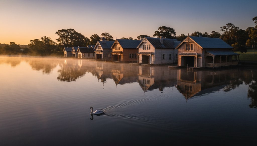 Dramatic twilight shot capturing Lake Wendouree heritage architecture photography, showcasing the historic Ballarat Botanical Gardens entrance pavilion glowing warmly against a deep blue sky, with reflections in the still lake water, framed by ancient trees. Professional and cinematic.