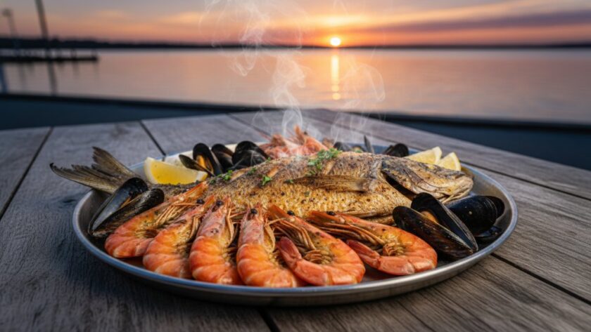 A dramatic, professionally color-graded photograph capturing Lakes Entrance seafood photography, showcasing a beautifully plated dish of freshly grilled prawns and local mussels, artfully arranged on a rustic wooden table overlooking the shimmering Gippsland Lakes at sunset, with soft, golden hour light enhancing textures and colours.
