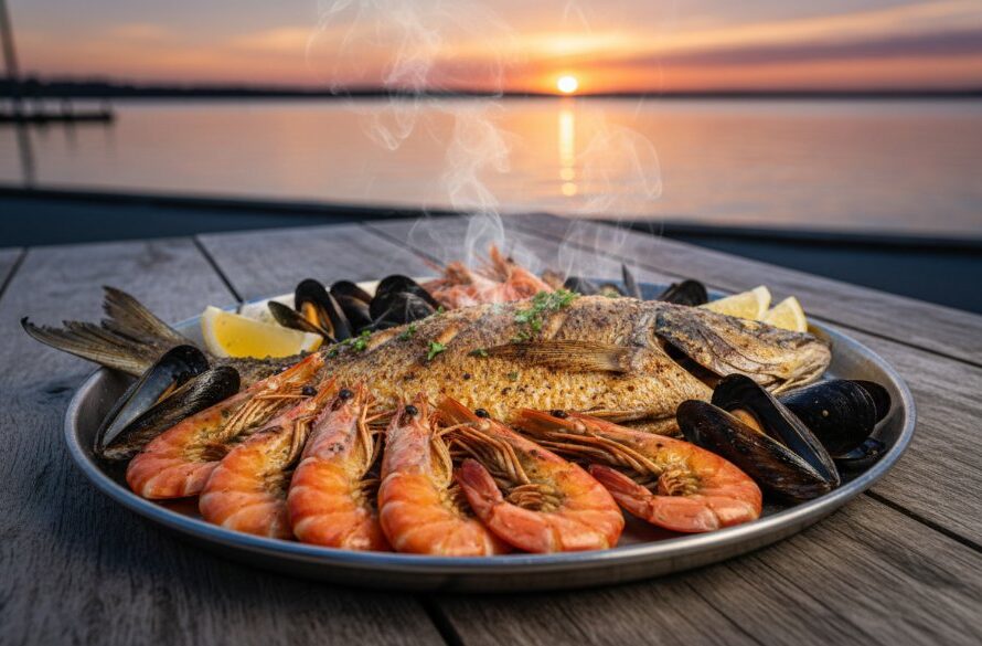 A dramatic, professionally color-graded photograph capturing Lakes Entrance seafood photography, showcasing a beautifully plated dish of freshly grilled prawns and local mussels, artfully arranged on a rustic wooden table overlooking the shimmering Gippsland Lakes at sunset, with soft, golden hour light enhancing textures and colours.