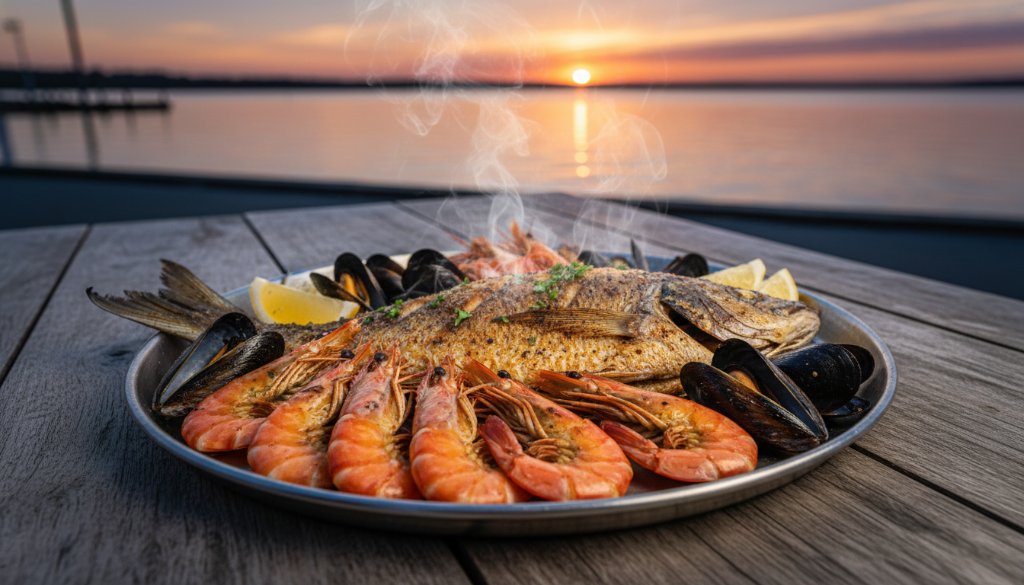 A dramatic, professionally color-graded photograph capturing Lakes Entrance seafood photography, showcasing a beautifully plated dish of freshly grilled prawns and local mussels, artfully arranged on a rustic wooden table overlooking the shimmering Gippsland Lakes at sunset, with soft, golden hour light enhancing textures and colours.