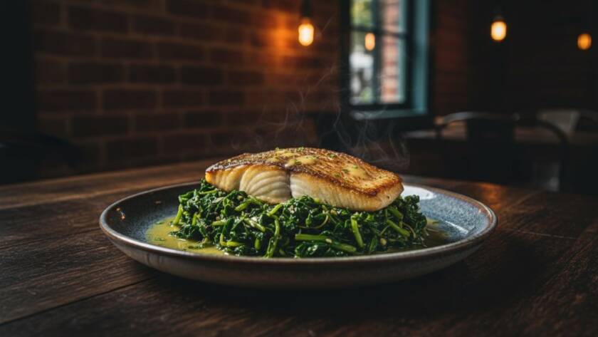 A stunning close-up of a perfectly plated gourmet dish, vibrant and fresh, with steam delicately rising, captured with dramatic studio lighting against a soft, blurred background of a bustling Laverton cafe kitchen, embodying 'Capturing Laverton's culinary soul through professional food photography' with an epic, cinematic feel.