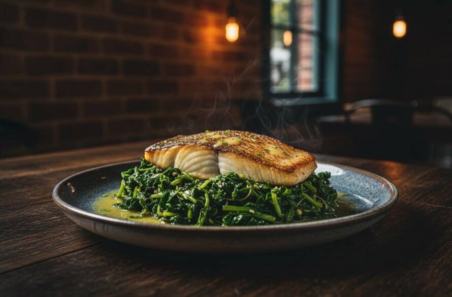 A stunning close-up of a perfectly plated gourmet dish, vibrant and fresh, with steam delicately rising, captured with dramatic studio lighting against a soft, blurred background of a bustling Laverton cafe kitchen, embodying 'Capturing Laverton's culinary soul through professional food photography' with an epic, cinematic feel.